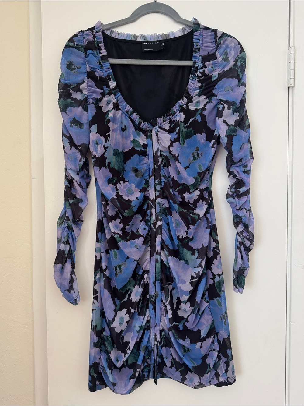 ASOS Design Lavender Floral Long-Sleeve Ruched Dress Mesh Mini